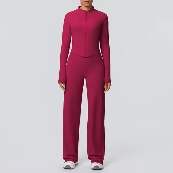 2pieces Quick Drying Sports Fitness Clothing Yoga Set Women Yoga Zipper Long Dleeves High Waisted Breathable Wide Leg Pants Set