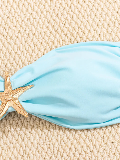 Sexy Bandeau Bikini Set 2026 Women Sky Blue Starfish Ornament Push Up Thong Swimsuit Brazilian Beach Bathing Suit Micro Swimwear