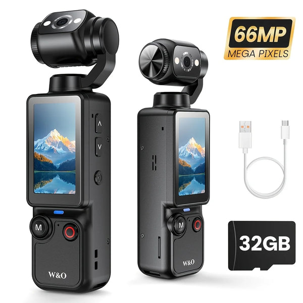 W&O 4K HD Action Camera, 1.9'' CMOS Sensor, 180° Rotatable, USB Rechargeable, Handheld Sports Vlog Camera for Daily Recording