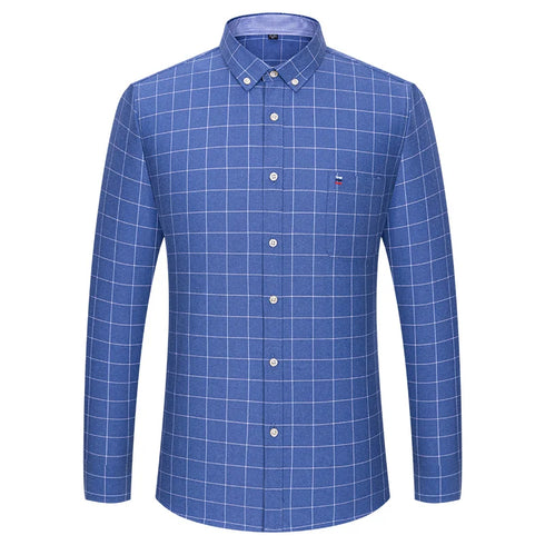 100% Cotton Oxford Men's Shirts Long Sleeves Plaid Soft Regular Fit Formal Dress Shirt Pocket Social Blouse Male Clothes S-7XL