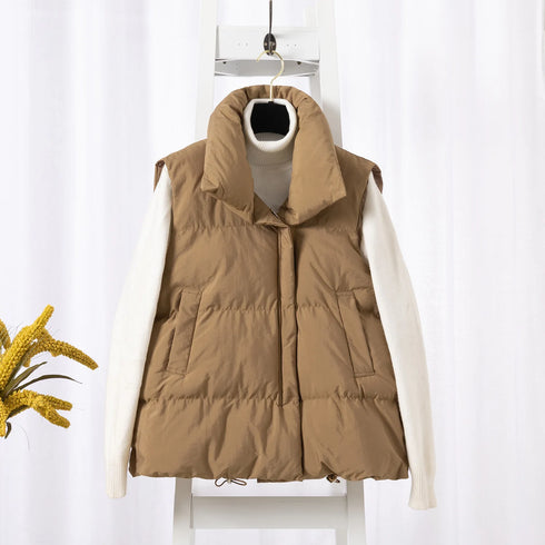 Women Fashion Autumn New 2024 Stand Collar Elegant Down Coats Warm Outerwear Casual Belt Sleeveless Winter Women Vests Jackets