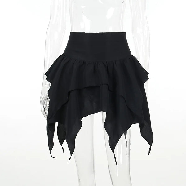 Summer Fashion Short Skirts New Sexy Women Gothic Punk Irregular Skirts Solid Color Drawstring Tie-Up Ruched Ruffles Mini Skirt