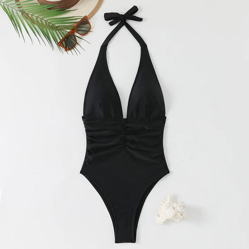 Halter Top Bathing Suit Woman Swimsuits One Piece Swimwear Women's 2026 Trend V Neck Beachwear Female Monokini Summer Bodysuit