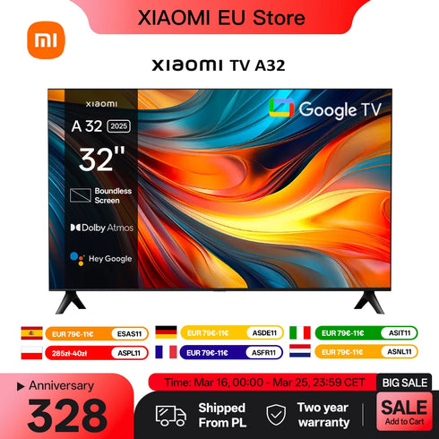 Xiaomi TV A 32, Kompakte Größe mit farbenfrohem Bildschirm, dynamischer Sound mit Dolby Audio™, DTS-X und DTS Virtual:X, hochwertiges Metall-Finish