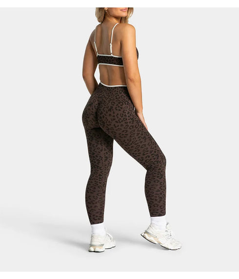 Teveo Eng anliegende, nahtlose Yoga-Leggings mit Leopardenmuster, hautfarbener hoher Elastizität, geeignet als Fitness-Laufhose