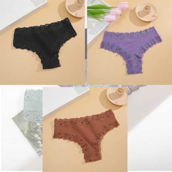 FINETOO 3Pcs Women Cotton Underwear Panties Sexy Lace Brazilian Briefs Low Waist Floral Solid Color G-string Breathable Lingerie