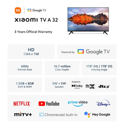 Xiaomi TV A 32, Kompakte Größe mit farbenfrohem Bildschirm, dynamischer Sound mit Dolby Audio™, DTS-X und DTS Virtual:X, hochwertiges Metall-Finish