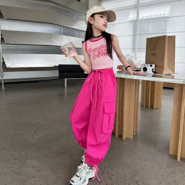 Cargo Pants for Teenage Kids New Summer Streetwear Hip Hop Sweatpants for Girls Baggy Wide Leg Straight Trousers 6 8 10 12 14 Y