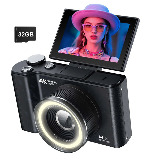 4K Vlogging Camera, 180° Flip Screen, Ring Light & Beauty Mode, Digital Camera for Beginners, 32G SD Card Included, Xmas Gift
