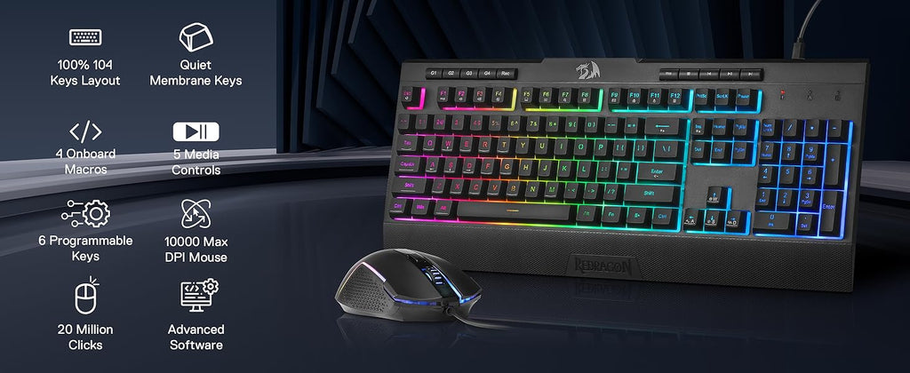 Redragon S151 Gaming Keyboard & Mouse Combo, 104 Keys K525 Wired RGB Membrane Keyboard and 10000 DPI Wired M616 Gaming Mouse