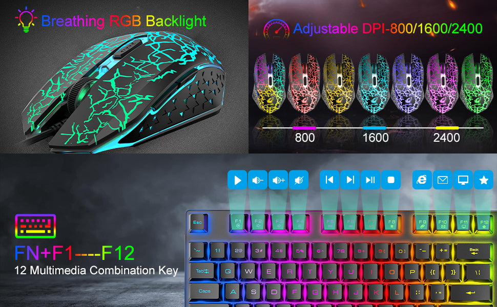 T87 Kabellose Tastatur-Maus-Set, Regenbogen-Hintergrundbeleuchtung, wiederaufladbare 2,4G Gaming-Tastatur, 2400 DPI Optische Gaming-Maus mit Mauspad
