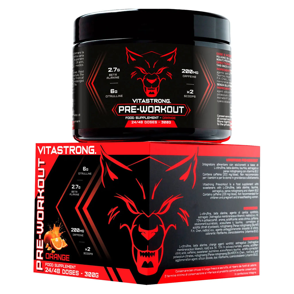 Pre-Workout Powerful 300g - Veganes Nahrungsergänzungsmittel mit L-Citrullin, Beta-Alanin, Koffein, Taurin, AstraGin, Panax Notoginseng, Vitastrong (24 Portionen, Orange Geschmack) - Hergestellt in Italien, Pre-Workout Nahrungsergänzungsmittel Pulver