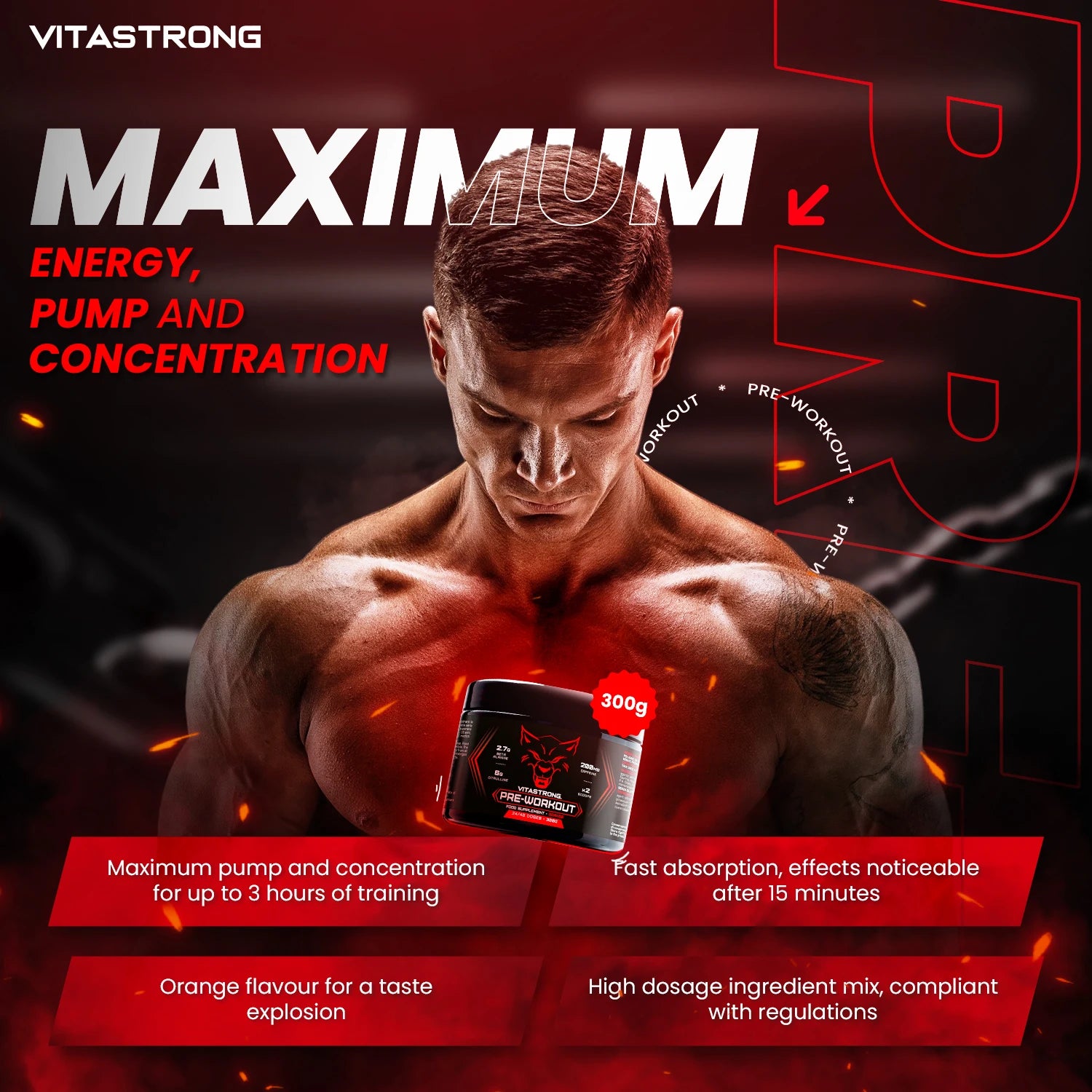 Pre-Workout Powerful 300g - Veganes Nahrungsergänzungsmittel mit L-Citrullin, Beta-Alanin, Koffein, Taurin, AstraGin, Panax Notoginseng, Vitastrong (24 Portionen, Orange Geschmack) - Hergestellt in Italien, Pre-Workout Nahrungsergänzungsmittel Pulver