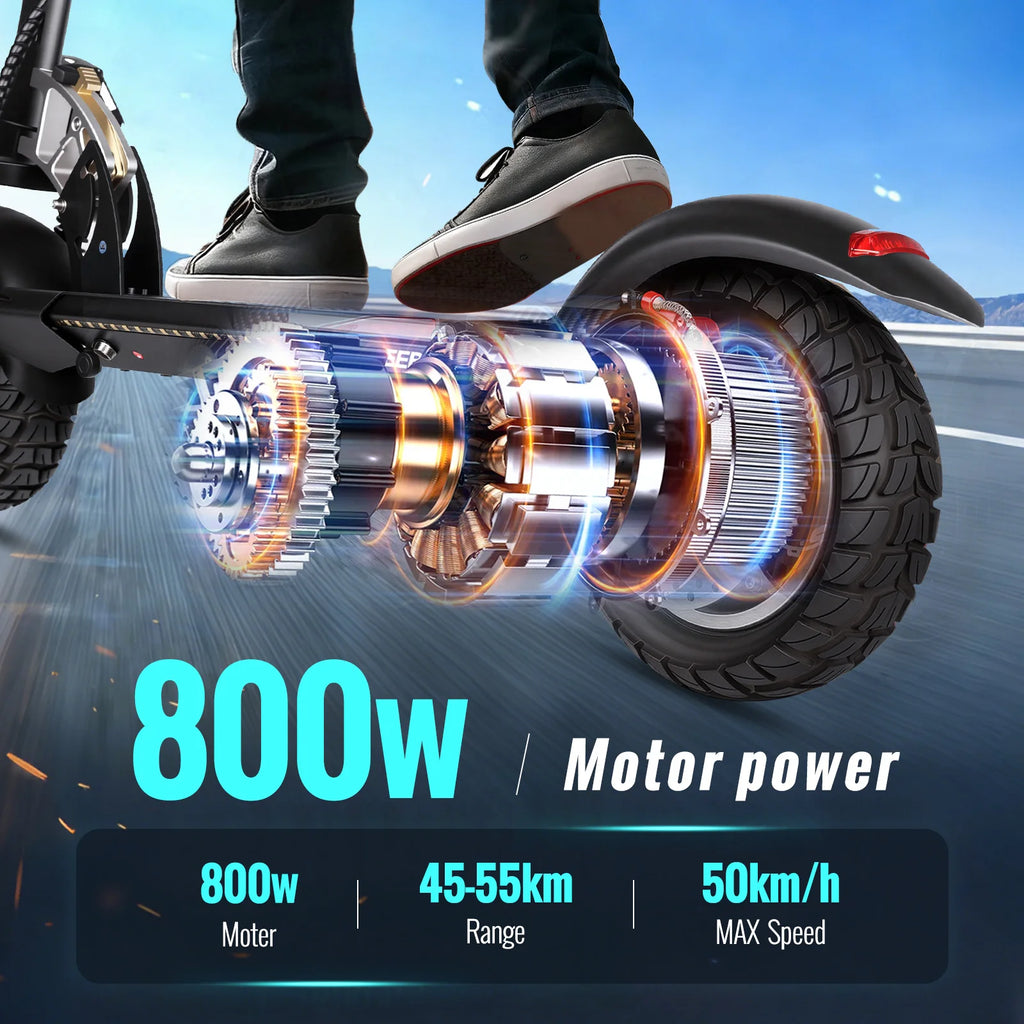 SUNNIGOO 800W Elektroroller für Erwachsene – 25 km/h hohe Geschwindigkeit, 45-55 km große Reichweite, 10 Zoll Offroad-Reifen, faltbarer Pendler-E-Scooter