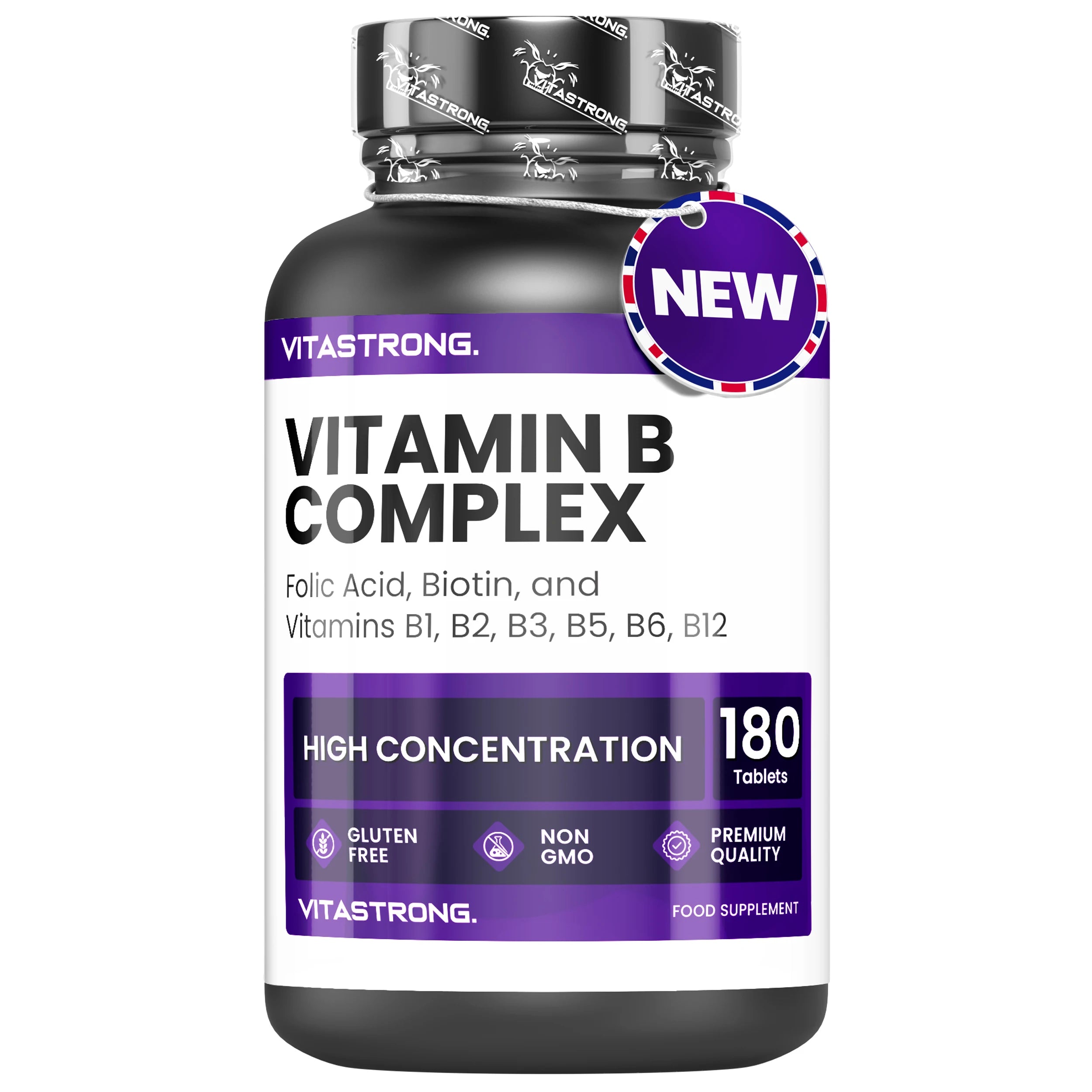 Vitamin B Komplex hochdosiert, 180 Tabletten Vitamine Gruppe B Biotin, Thiamin B1, Riboflavin B2, Vitamin B3 Niacin, B5 Pantothensäure, B6, Vitamin B12 und Folsäure Hauptbild