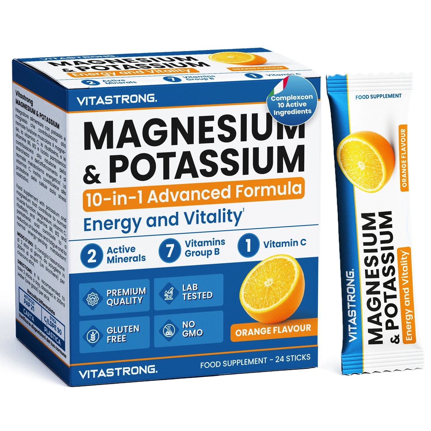 Vitastrong Magnesium & Kalium 10-in-1 Formel - 24 Sticks mit Vitamin C und B-Vitaminen, Orangengeschmack, Saccharose-frei, GMO-frei, Gluten-frei Hauptbild