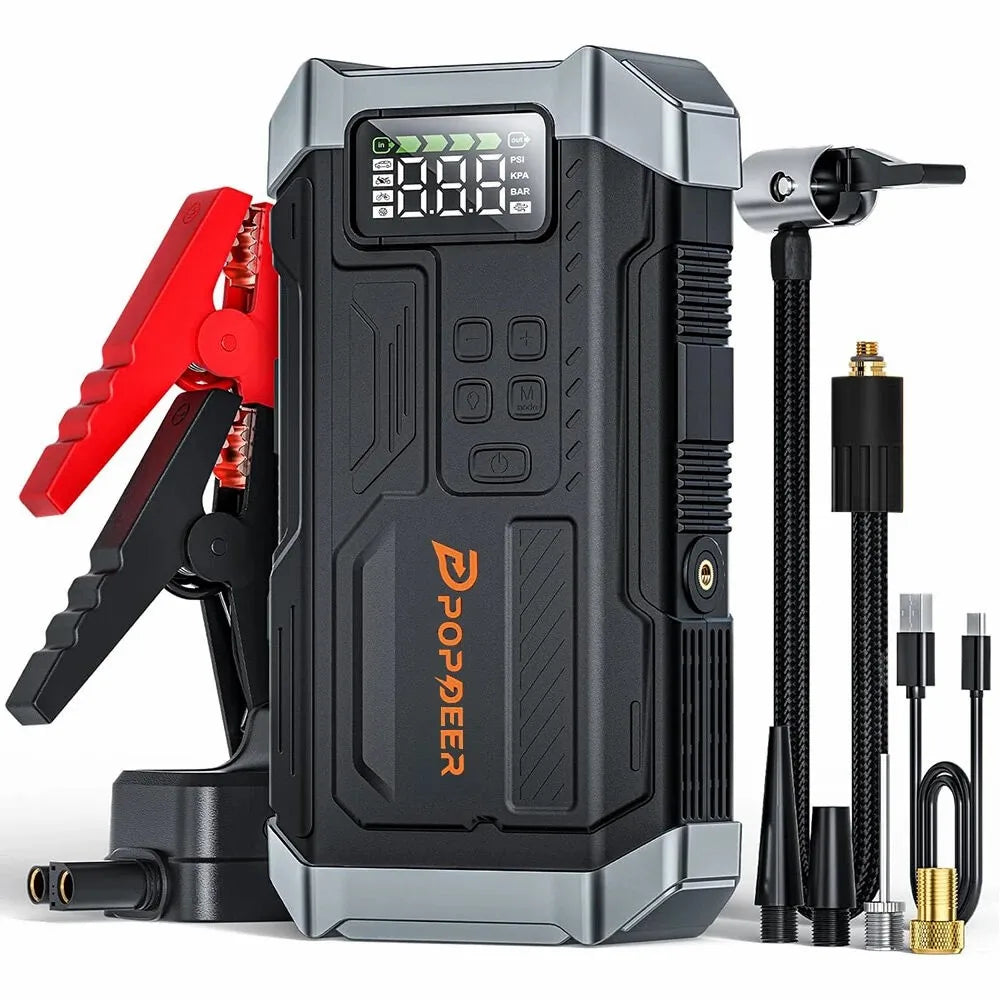 POPDEER PD-JA3 5000A 4-in-1 Starthilfe, 150PSI Luftkompressor, 12V QC 3.0 Powerbank mit LCD-Display, 10L Benzin/8L Diesel