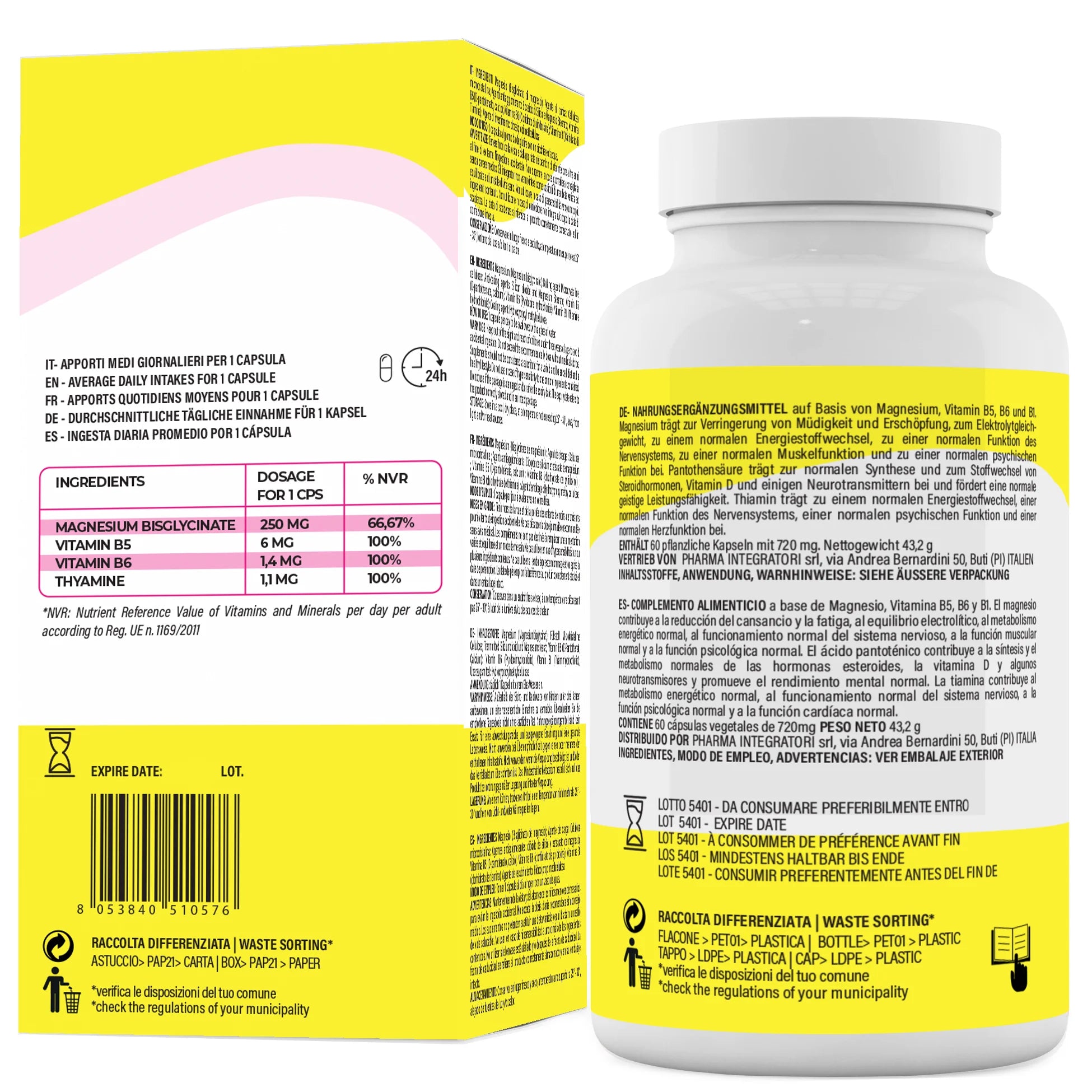 Magnesiumbisglycinat-Kapseln mit Vitamin B6, Vitamin B1, Vitamin B5 – Magnesium pur Bisglycinat bei geistiger Müdigkeit – Magnesiumbisglycinat 250 mg – Magnesiumbisglycinat