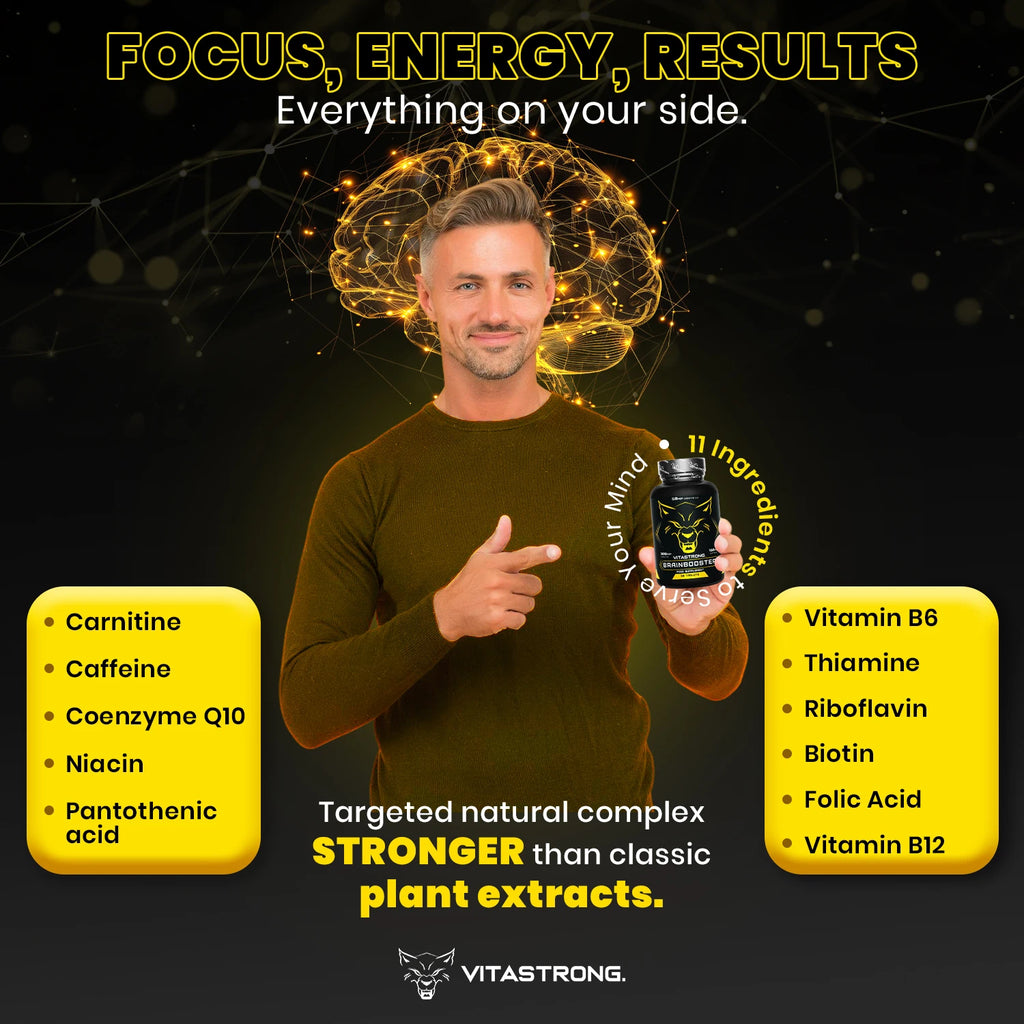 Vitastrong Brain Booster, leistungsstarkes Nootropikum mit Pantothensäure für mentale Leistungsfähigkeit, Koffein-Komplex-Ergänzung, Biotin, Carnitin, Coenzym Q10, Vitamin B6, Vitamin B12 und Folsäure