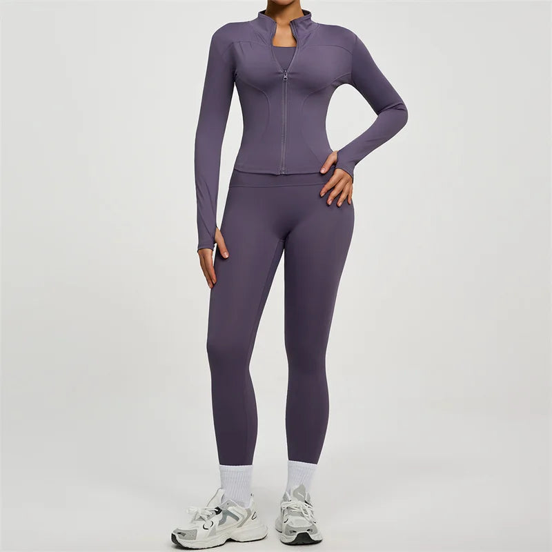 SVEIC Damen Zweiteiliger Trainingsanzug Yoga Set Langarmjacke High Waisted Leggings Atmungsaktive Sportkleidung Für Frauen