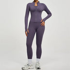 SVEIC Damen Zweiteiliger Trainingsanzug Yoga Set Langarmjacke High Waisted Leggings Atmungsaktive Sportkleidung Für Frauen