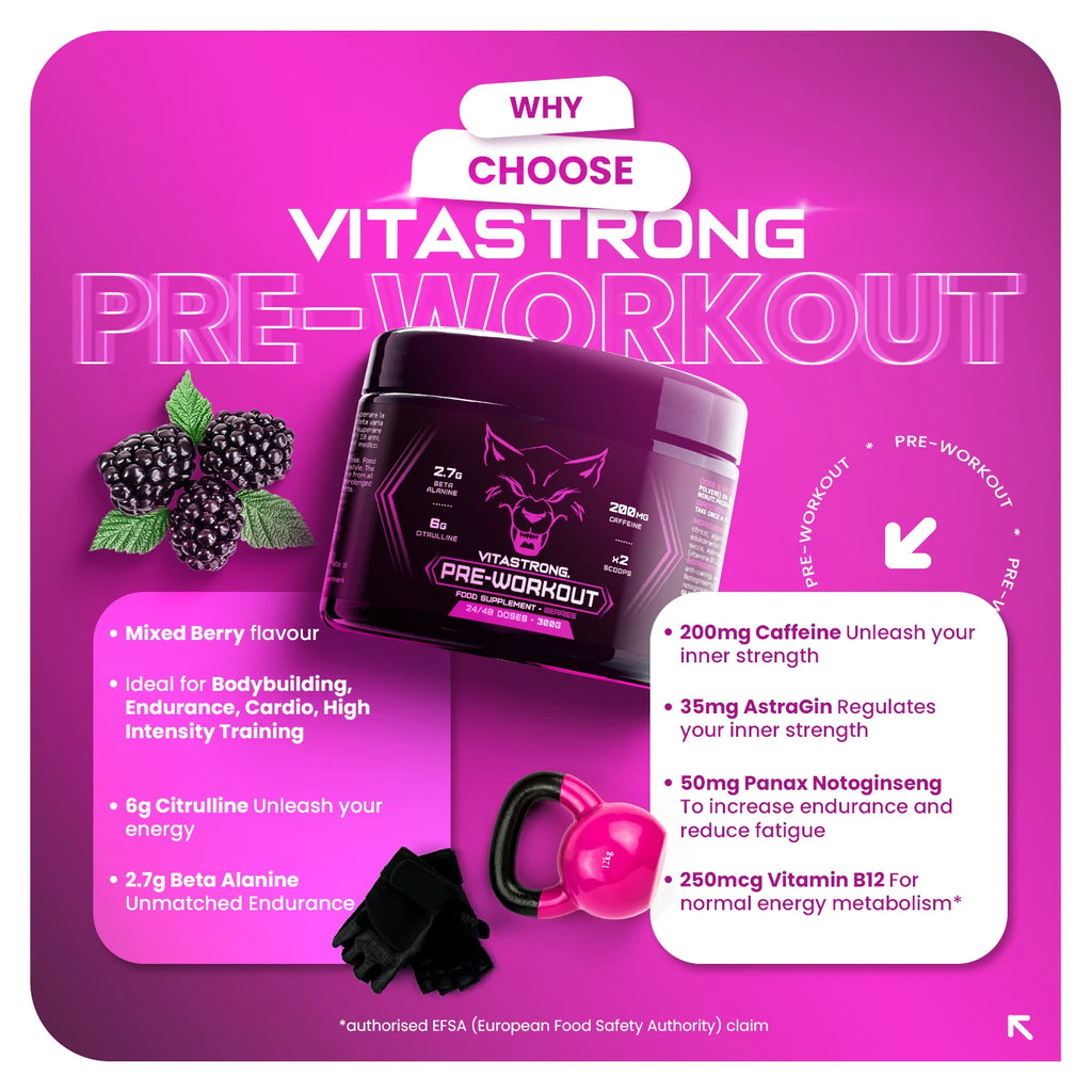 Pre-Workout Powerful 300g - Vegan Supplement with L-Citrulline, Beta-Alanine, Caffeine, Taurine, AstraGin, Panax Notoginseng, Vitastrong (24 Portions, Berries Flavor) - Made in Italy, Preworkout Supplement Powder