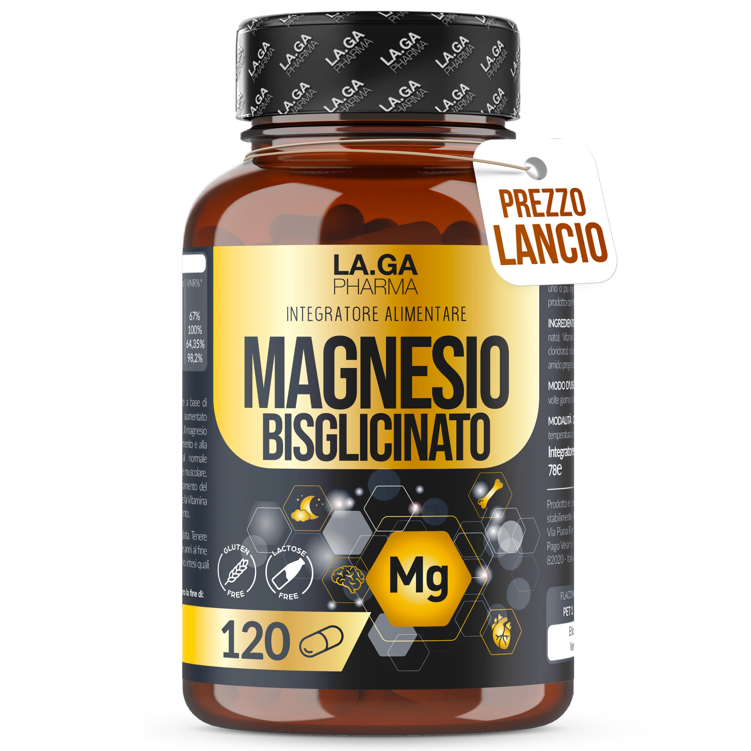 BISGLICINATED MAGNESIUM (Supply Up to 4 Months), Full Magnesium 120 Capsules with Vitamins B5, B6 and B1. Integrator Fatigue and Stress. Gluten-free and Lactose-free, Made In Italy. LAGA PHARMA | LAGA Pharma. LAGA Healthy. LA