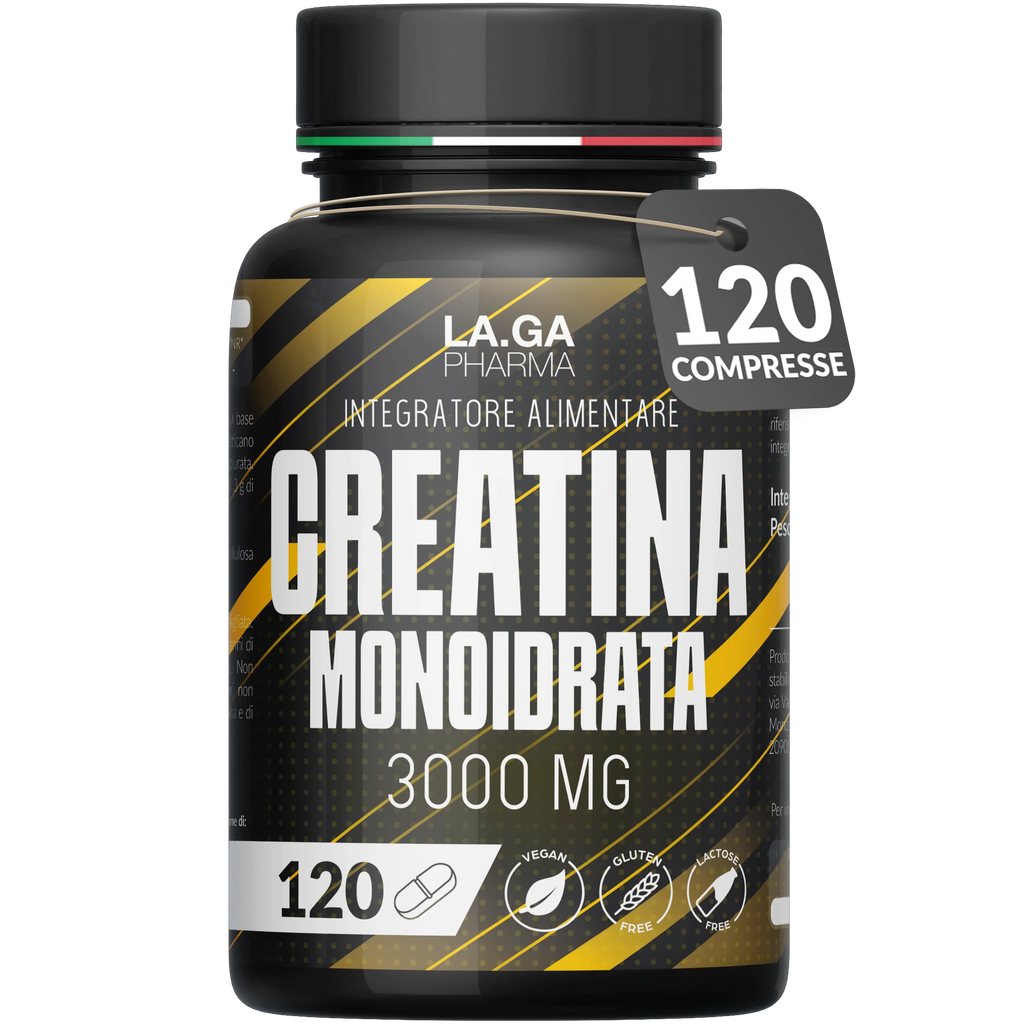 Kreatin Monohydrat 120 Tabletten mit 3000 mg Kreatin pur pro Dosis. Kreatin Monohydrat für Muskelmasse und Energieschub. Kreatin vor und nach dem Training. Kreatin Made in Italy, 100% vegan | LAGA Pharma. LAGA Healthy. LA.GA |
