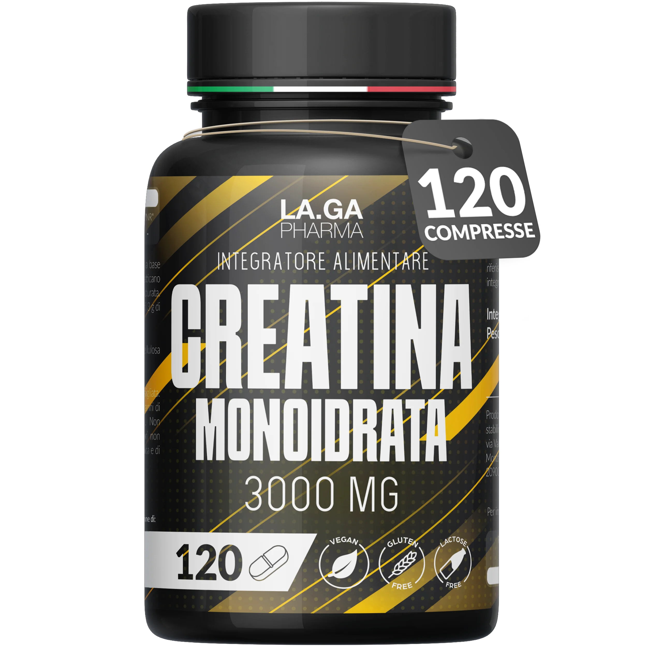Kreatin Monohydrat 120 Tabletten mit 3000 mg Kreatin pur pro Dosis. Kreatin Monohydrat für Muskelmasse und Energieschub. Kreatin vor und nach dem Training. Kreatin Made in Italy, 100% vegan | LAGA Pharma. LAGA Healthy. LA.GA | Hauptbild