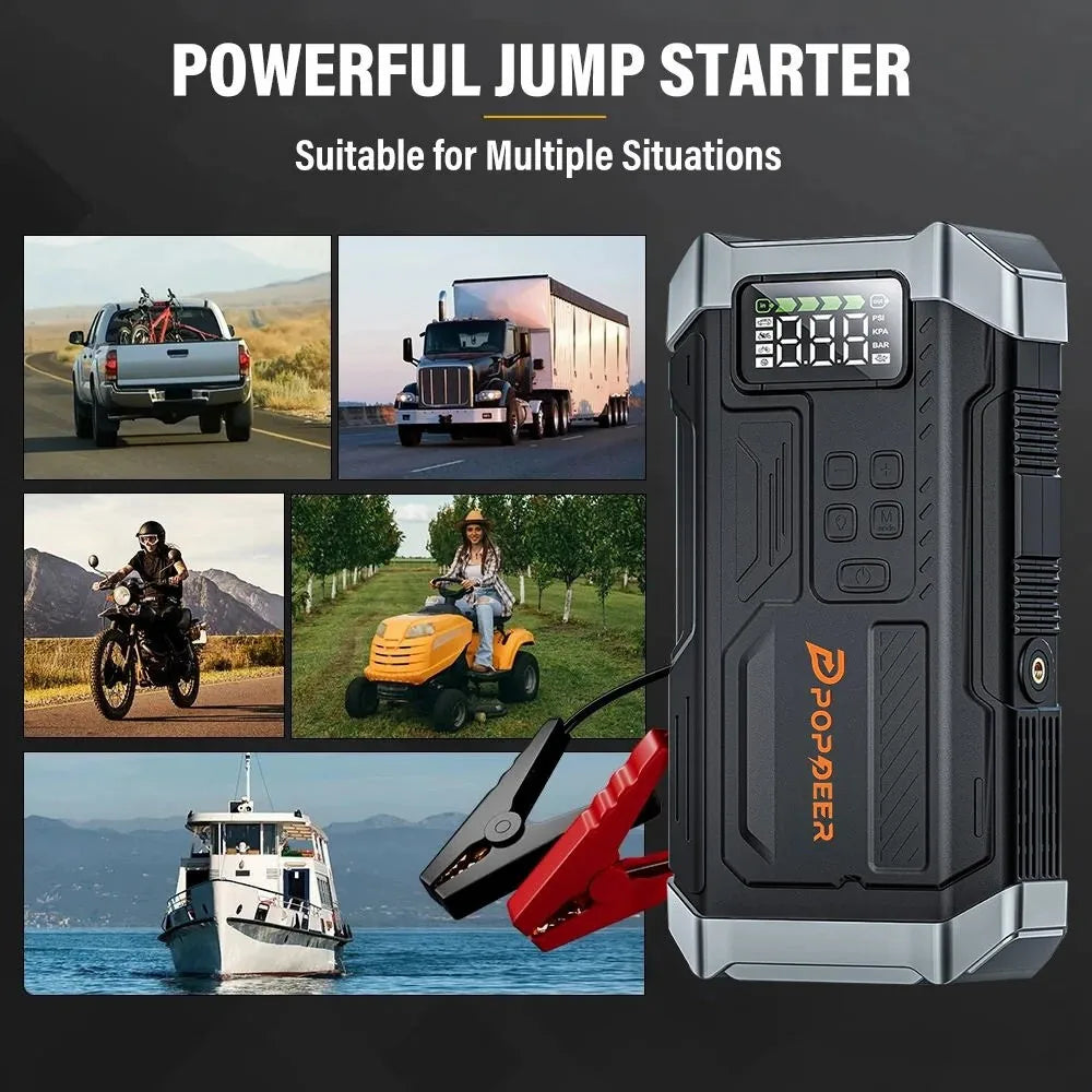 POPDEER PD-JA3 5000A 4-in-1 Starthilfe, 150PSI Luftkompressor, 12V QC 3.0 Powerbank mit LCD-Display, 10L Benzin/8L Diesel