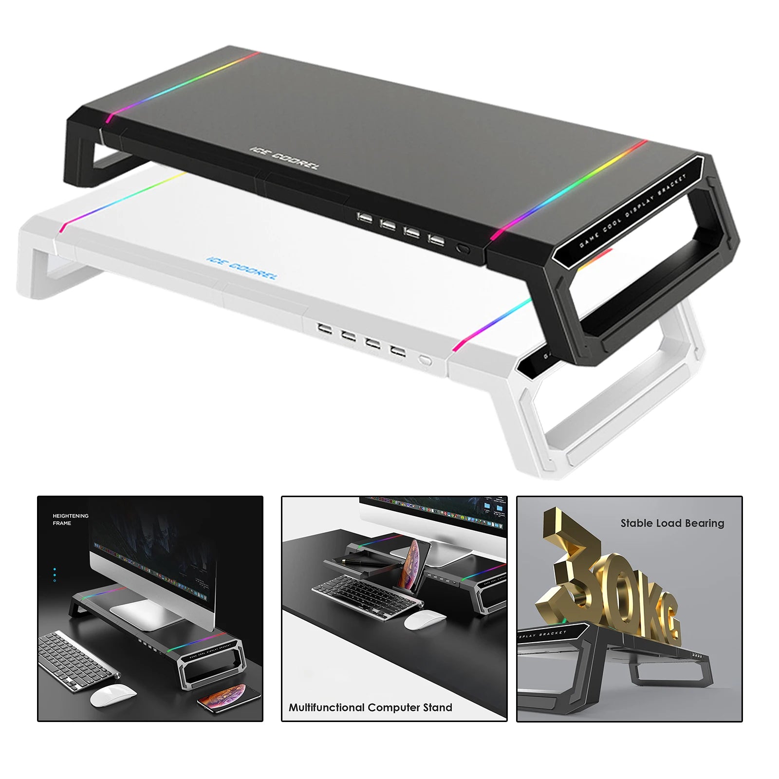 Aluminum RGB Monitor Stand Riser Bracket with 4 USB Ports Desk Organizer All-In-One Computer Laptop Height Stand Holder Hauptbild