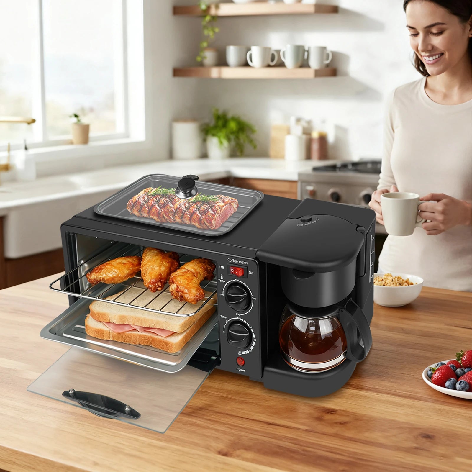Multi-function Breakfast Maker 3 in 1 Insulation Sump Coffee Pot Anti-slip Feet Food Grade Water Tank Work Separately 220V