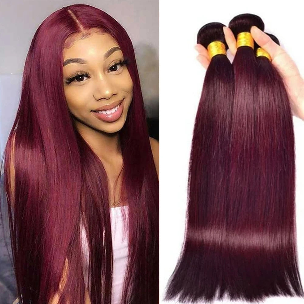 Weinrot #99J Remy Echthaar Weave 16-28 Zoll lang, seidig glatt, unbehandeltes reines brasilianisches Haar, Haartressen-Extensions für Frauen Hauptbild