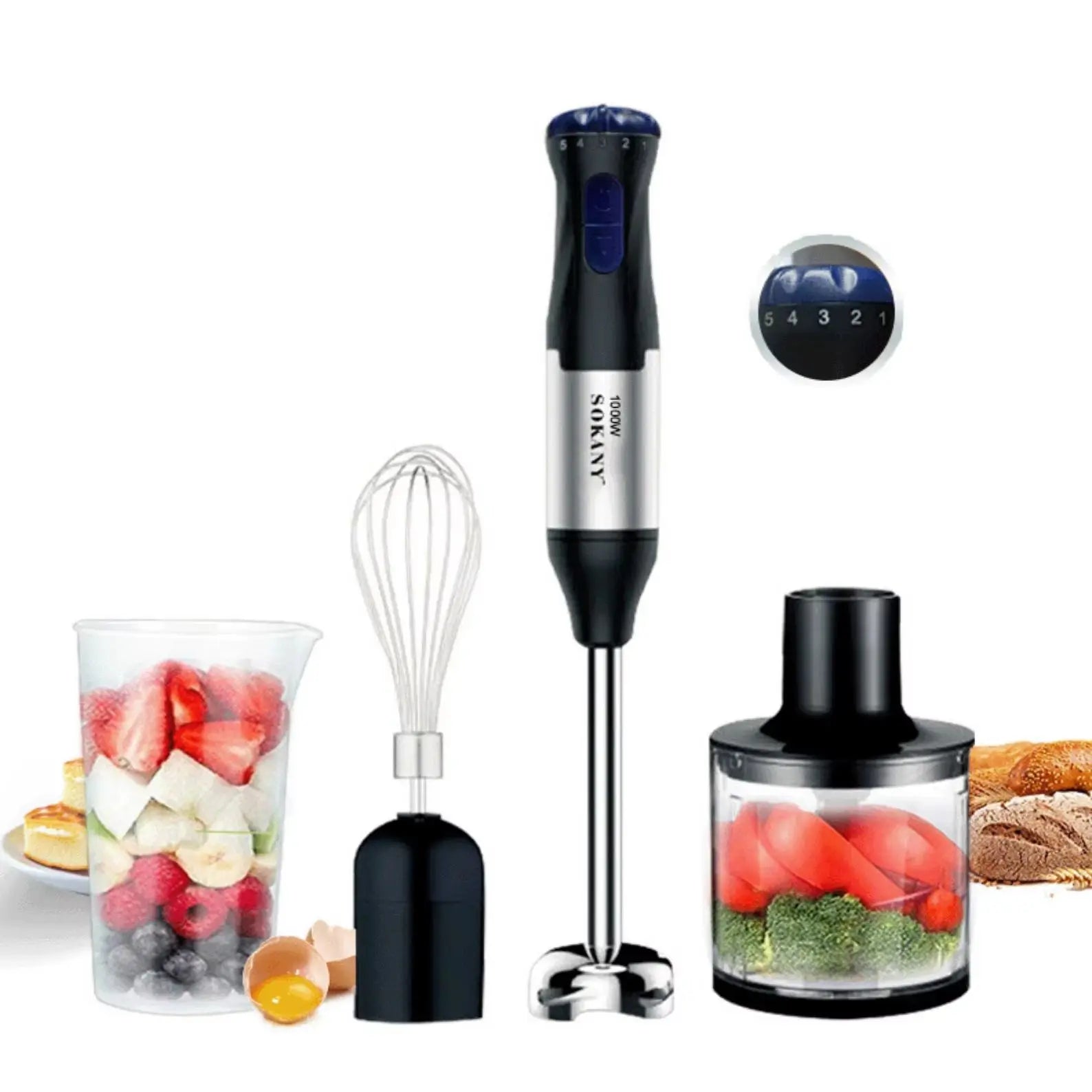 1000W Hochleistungs-4-in-1-Handmixer, Multifunktions-Edelstahlmixer, Gemüse- und Fleischhacker, Schneebesen und Eierschläger, Smoothie- und Milchshake-Set, Babynahrungszubereiter, Elektrischer Küchenmixer für Zuhause, All-in-One-Fleischwolf