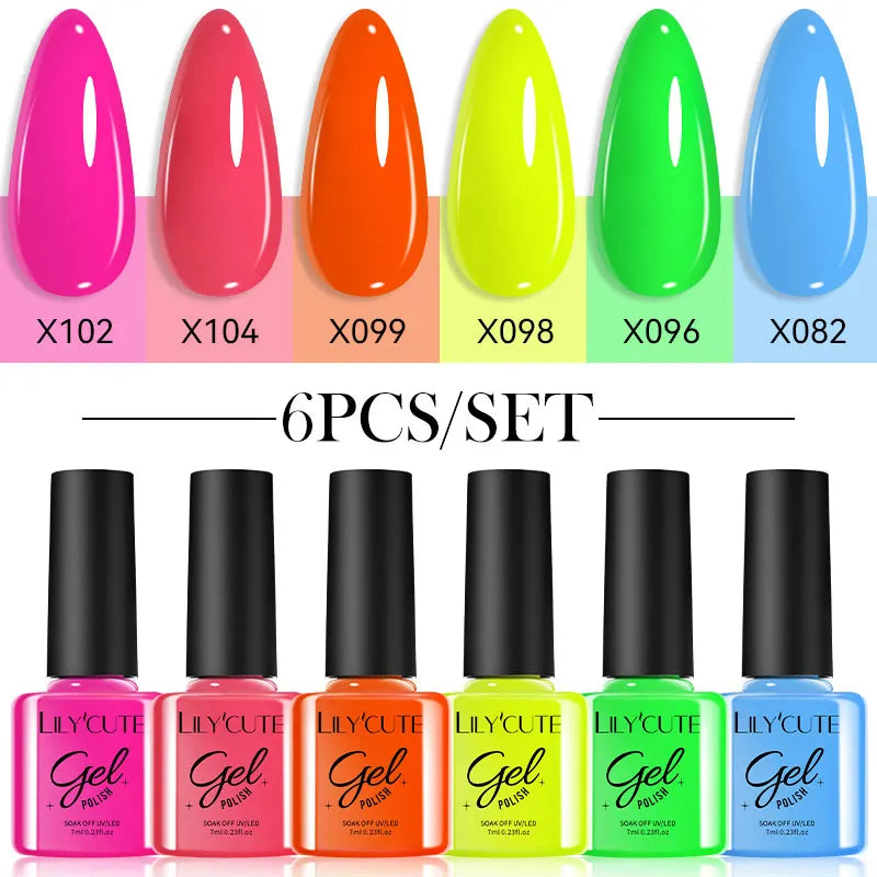LILYCUTE 6PCS Gel-Nagellack-Set Sommer Neon Nagellack-Gel-Kits für DIY Nagel Semi-Permanenter UV-Lampe Gellack Nagellack-Set