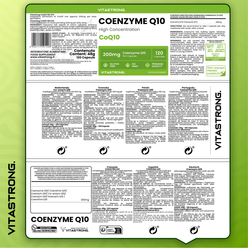 Coenzym Q10 200mg Hochdosiert, 1 Kapsel pro Tag für 4 Monate, 120 CoQ10 Kapseln je 200mg, Q10 Coenzym Premium Qualität, Gluten- & GMO-frei, Nahrungsergänzungsmittel Hergestellt in Italien Zertifiziert