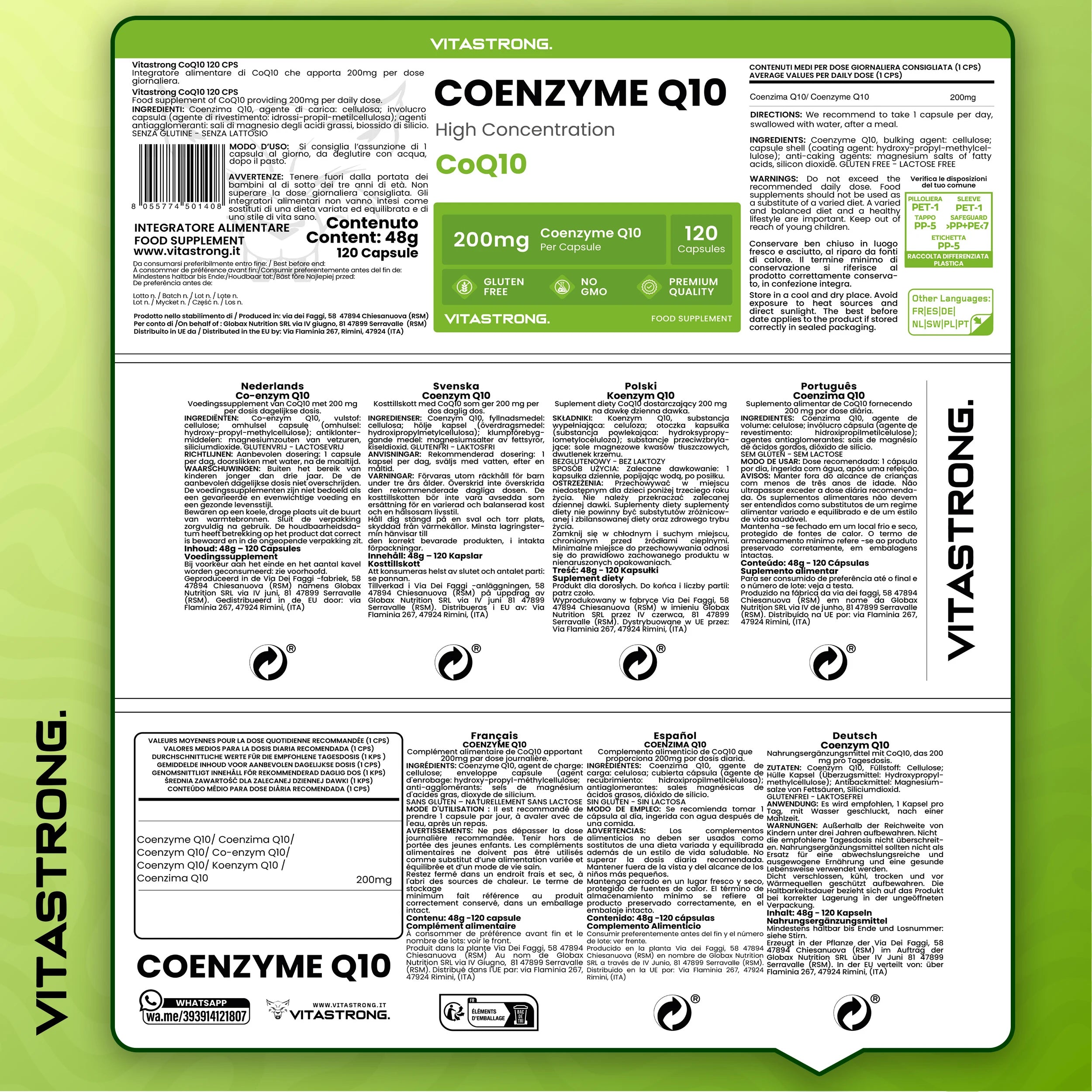 Coenzym Q10 200mg Hochdosiert, 1 Kapsel pro Tag für 4 Monate, 120 CoQ10 Kapseln je 200mg, Q10 Coenzym Premium Qualität, Gluten- & GMO-frei, Nahrungsergänzungsmittel Hergestellt in Italien Zertifiziert