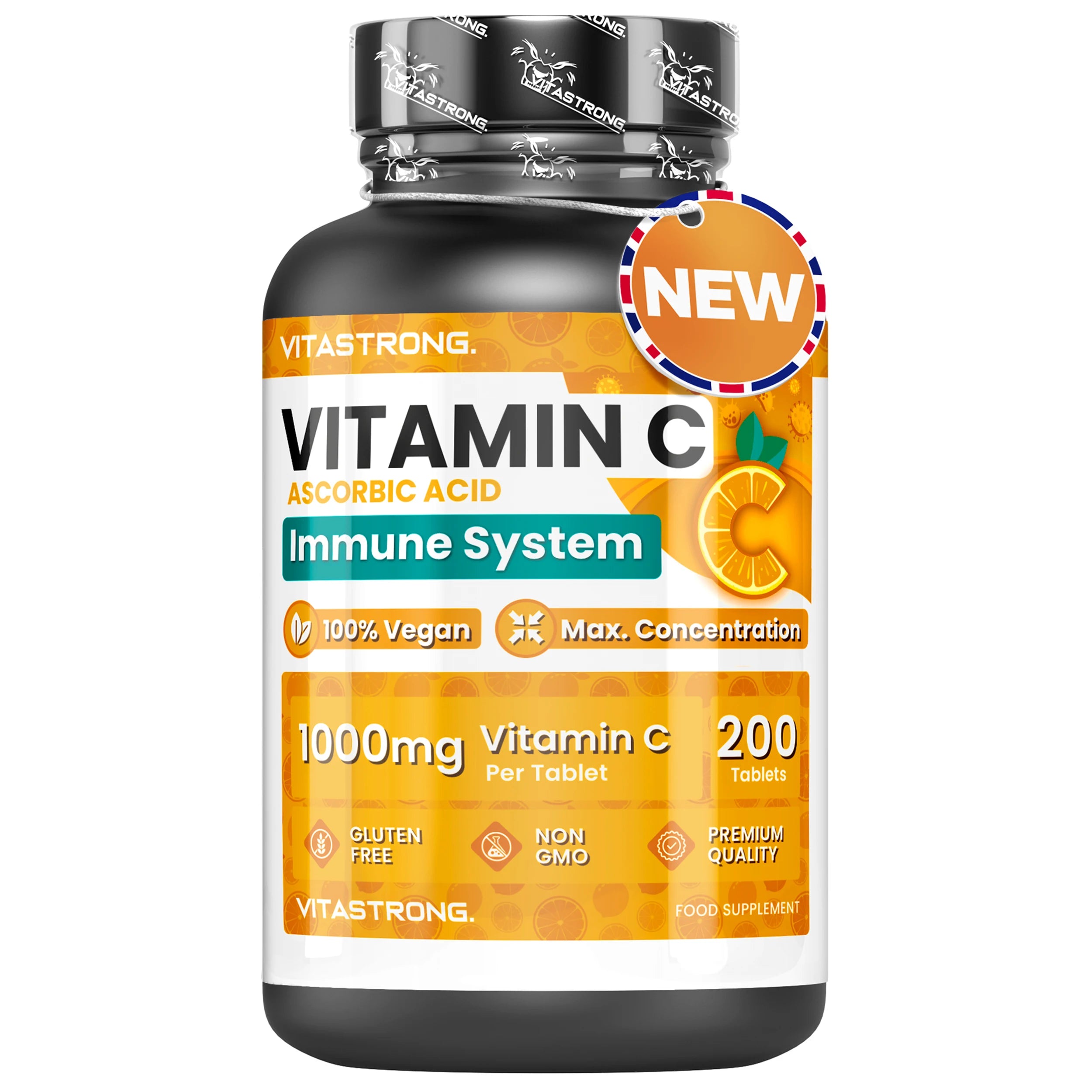 Vitastrong Vitamin C 1000mg Hochdosiert – 200 Tabletten, 100% Vegan, Retard-Ascorbinsäure zur Immununterstützung, für gesunde Haut, zur Verringerung von Müdigkeit und zur Kollagenbildung Hauptbild