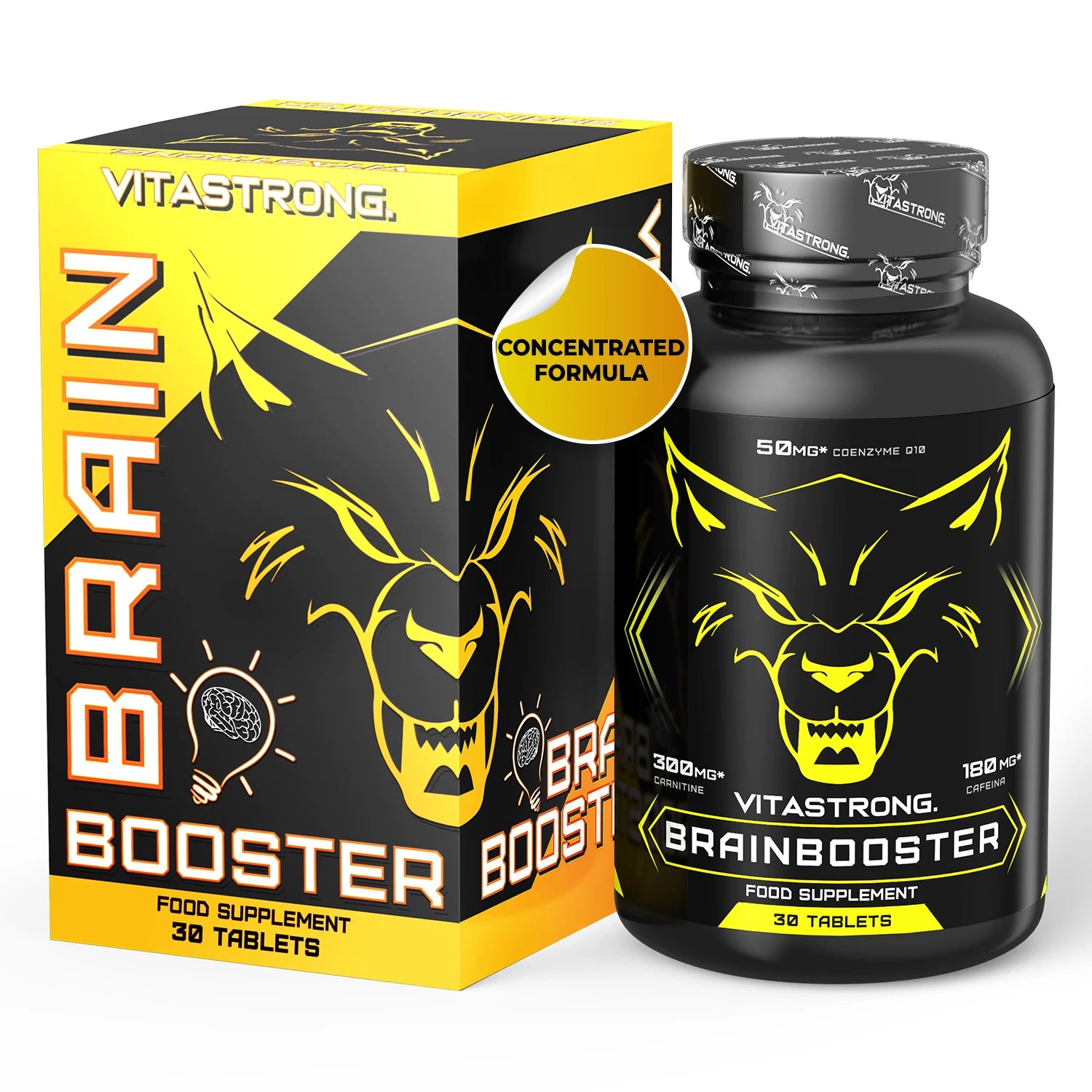 Vitastrong Brain Booster, leistungsstarkes Nootropikum mit Pantothensäure für mentale Leistungsfähigkeit, Koffein-Komplex-Ergänzung, Biotin, Carnitin, Coenzym Q10, Vitamin B6, Vitamin B12 und Folsäure
