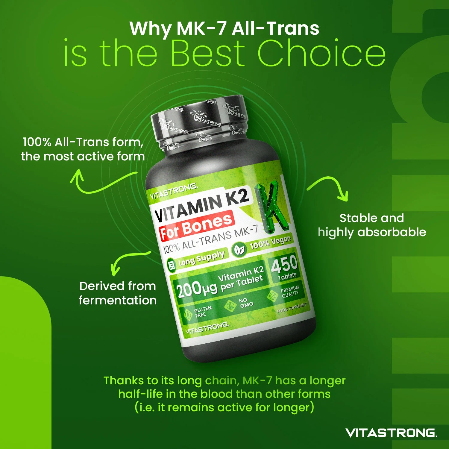 VitaStrong Vitamin K2 200 mcg, hochdosiert, 1 Tablette täglich, 450 Tabletten, Knochengesundheit, Unterstützung von Knochen und Muskeln, Nahrungsergänzungsmittel, Premium Qualität, 100% vegan und saubere Formel