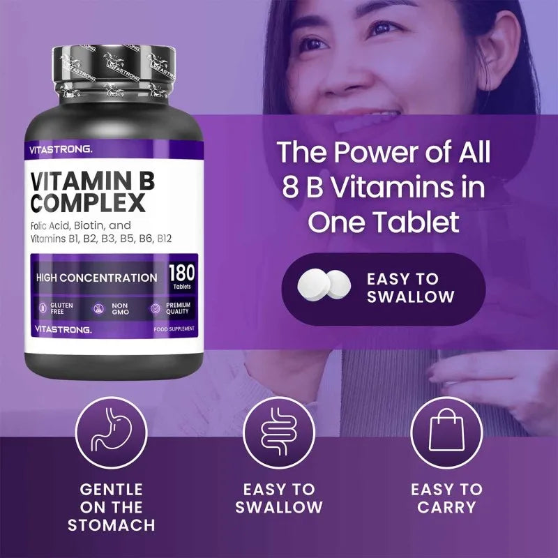 Vitamin B Komplex hochdosiert, 180 Tabletten Vitamine Gruppe B Biotin, Thiamin B1, Riboflavin B2, Vitamin B3 Niacin, B5 Pantothensäure, B6, Vitamin B12 und Folsäure