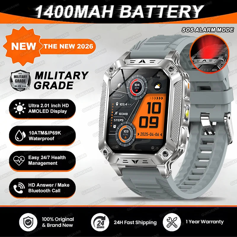 2026 TANK Neue 1400mAh Militär GPS Smartwatch Herren 2.01" AMOLED-Bildschirm 10ATM Wasserdichte Uhr SOS Anruf Taschenlampe Smartwatch iOS