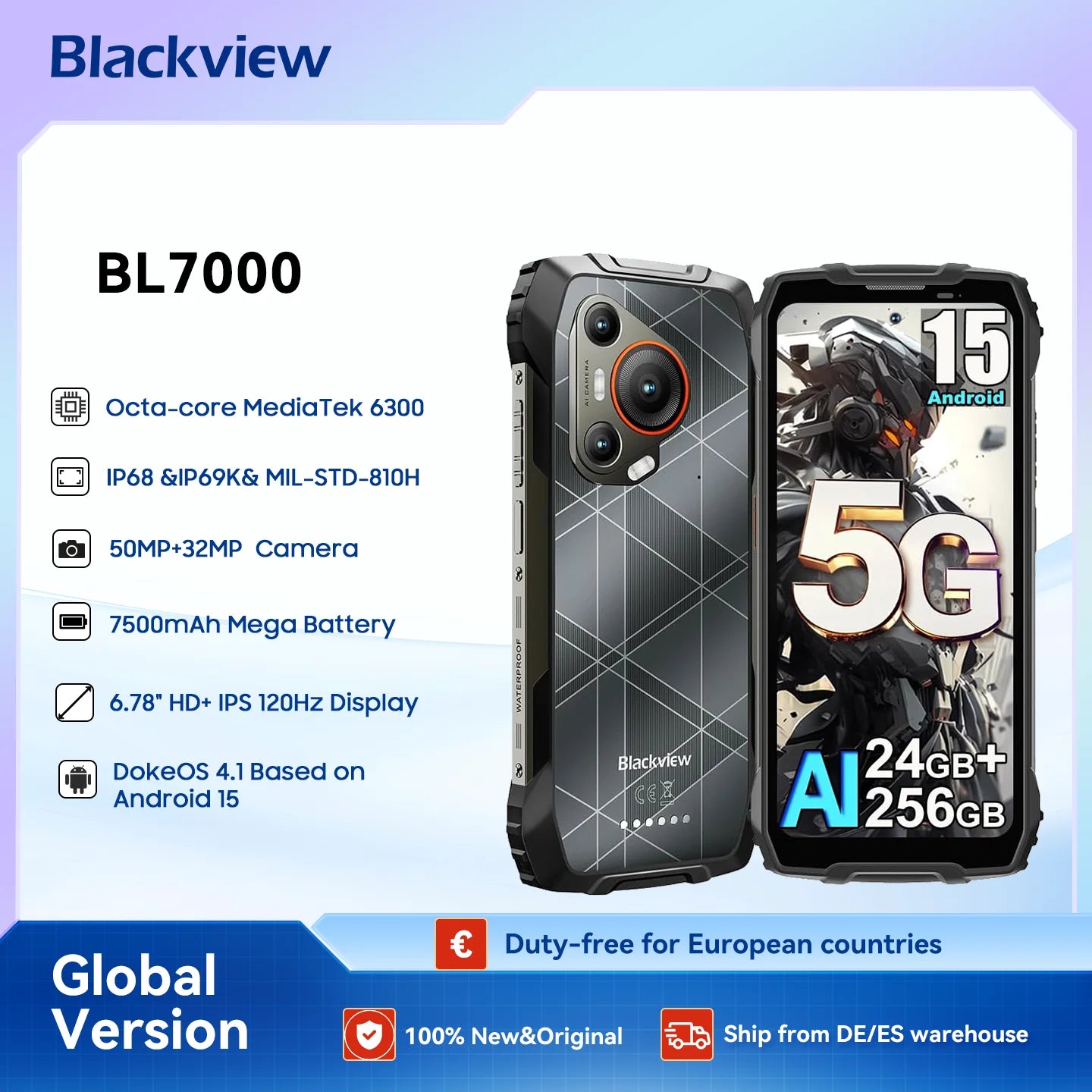 Blackview BL7000 KI 5G Outdoor-Smartphone Android 15, MTK 6300, 6,78" FHD+ 120Hz, 7500mAh/33W, Robustes Smartphone Dual SIM NFC/IP69K Hauptbild