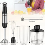 6-in-1 Handheld-Stabmixer – Edelstahl-Stabmixer mit 5 Geschwindigkeiten, Zerkleinerer, Schneebesen und Milchaufschäumer