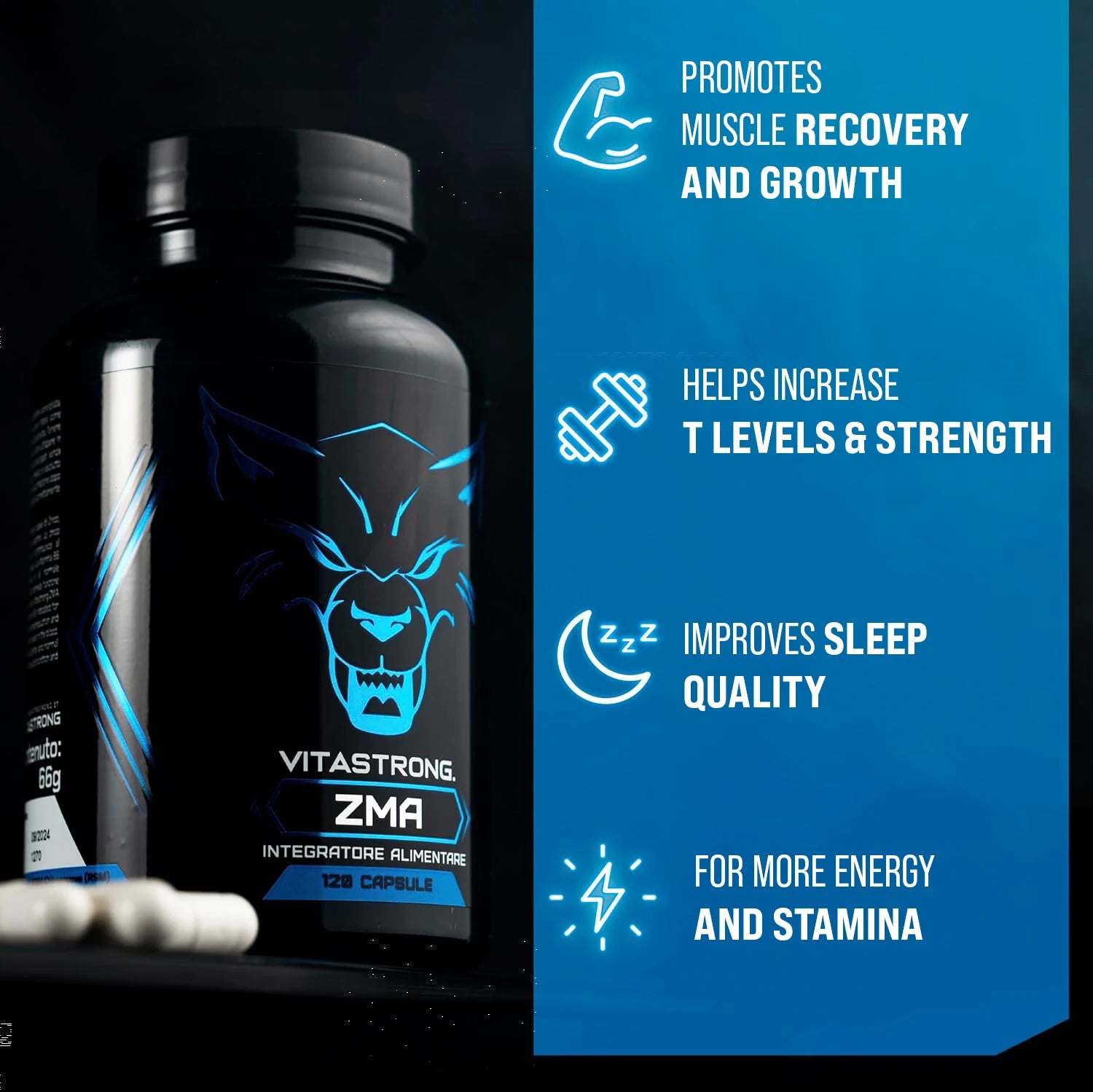 ZMA Nahrungsergänzungsmittel Vitastrong Dosis extra hoch mit Vitamin B6 Hochdosiert, Zink und Magnesiumcitrat, 120 Magnesium B6 Zink Kapseln für Energiestoffwechsel und Müdigkeitsreduzierung Zweitbild