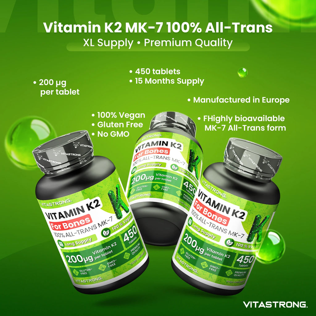 VitaStrong Vitamin K2 200 mcg, hochdosiert, 1 Tablette täglich, 450 Tabletten, Knochengesundheit, Unterstützung von Knochen und Muskeln, Nahrungsergänzungsmittel, Premium Qualität, 100% vegan und saubere Formel