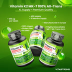 VitaStrong Vitamin K2 200 mcg, hochdosiert, 1 Tablette täglich, 450 Tabletten, Knochengesundheit, Unterstützung von Knochen und Muskeln, Nahrungsergänzungsmittel, Premium Qualität, 100% vegan und saubere Formel