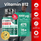 Vitamin B12 1000mcg Vegan, 475 Tabletten, 1 pro Tag (Vorrat für über 15 Monate) B12 Vitamin für Energie, Müdigkeit und Immunsystem, Vit B12 Hochwertiges Vitamin B 12 Cyanocobalamin ohne GVO