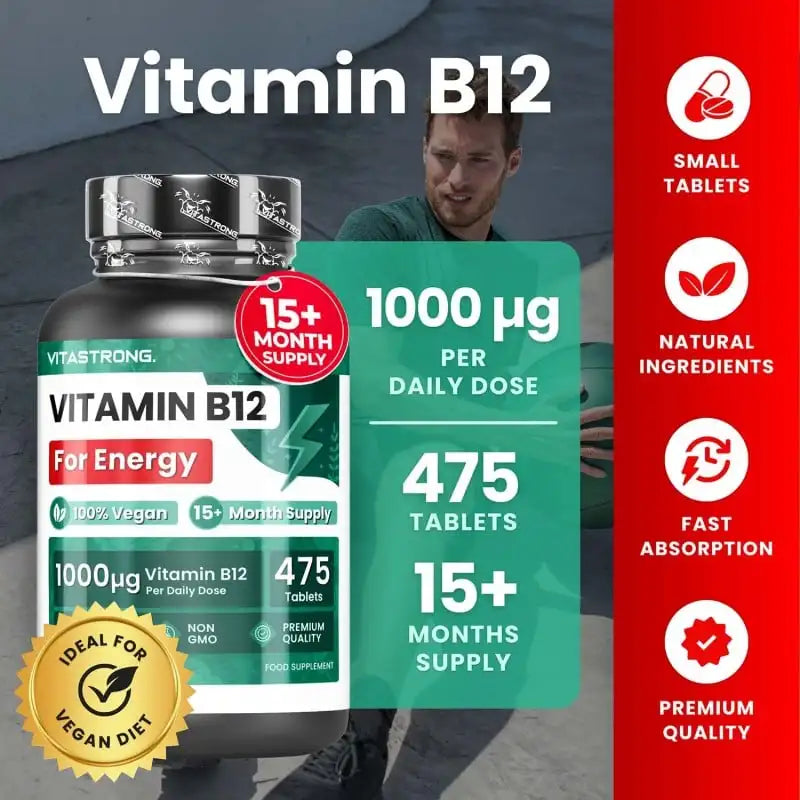 Vitamin B12 1000mcg Vegan, 475 Tabletten, 1 pro Tag (Vorrat für über 15 Monate) B12 Vitamin für Energie, Müdigkeit und Immunsystem, Vit B12 Hochwertiges Vitamin B 12 Cyanocobalamin ohne GVO
