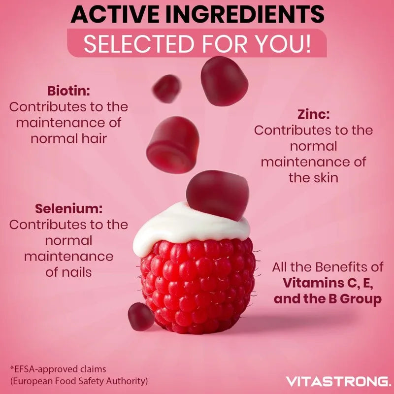 Vitastrong Biotin Hochdosis Komplex 100% Vegan – 120 Biotin Gums für Haare, Haut und Nägel mit Zink, Selen, Vitamin C, Vitamin E, Vitamin B6, Folat und Kaliumjodid – Unterstützt gesundes Haar und reduziert Müdigkeit